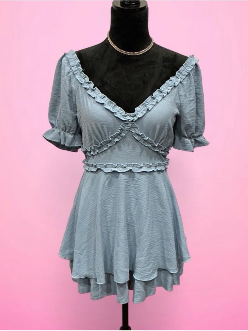 🩵Inspired Hearts Light Blue Ruffle V-Neck Romper Dress